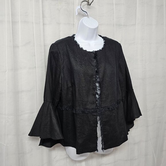 Chico's Black Linen Jacket Fringed Boho Minimalist Bell Sleeves 1 (M) - Picture 5 of 13